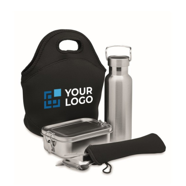 Set met fles, broodtrommel, bestek en tas kleur zwart