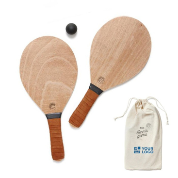 Houten strandtennisset in canvas tas bedrukt met logo weergave met jouw bedrukking
