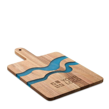 Serveerplank bedrukken van acaciahout met blauw epoxyharsdetail
