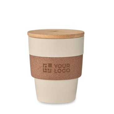 Plastic beker van gerecycled plastic met kurken band en bamboe deksel 300 ml
