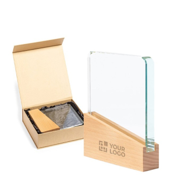 Glasplaat met houten voet in koker met magneetsluiting