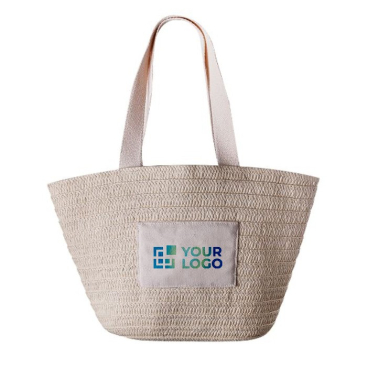 Strandtas van stro-papier met handvatten en een buitenzak
