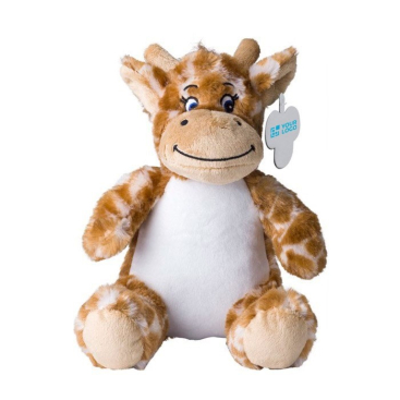 Pluche giraffe met geborduurde ogen en te bedrukken label
