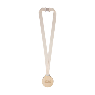 Houten medaille met katoenen koord en veiligheidssluiting