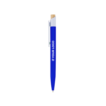 Pen van kunststof met bamboe drukknop en witte clip, blauwe inkt