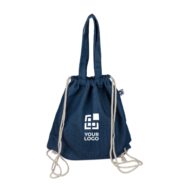 Rugzaktas van gerecycled denim met naturel koordsluiting