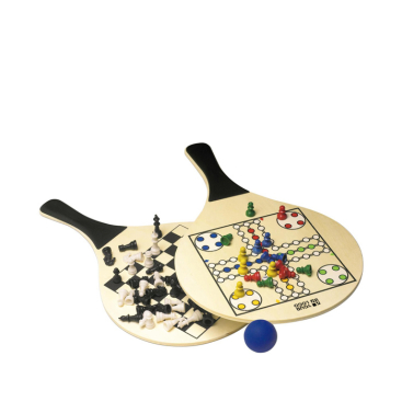 FSC houten strandbatjes met bordspellen en bal
