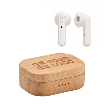 2 TWS 5.0 bluetooth oortjes 3 uur speeltijd in bamboe case