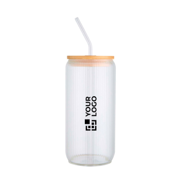 Kan van borosilicaatglas met bamboe deksel en rietje 500 ml