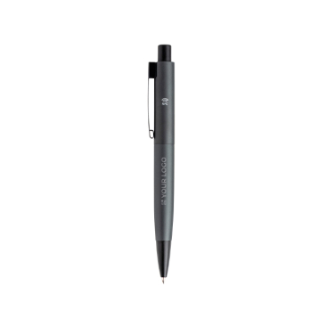 Aluminium pen met zilverkleurige details en blauwe inkt