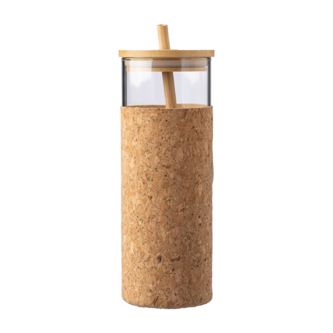 Glas van 450ml met kurken hoes, deksel en bamboe rietje