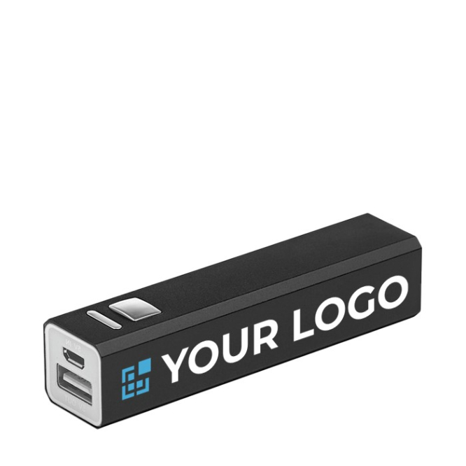 Te bedrukken aluminium powerbank 2.200mAh weergave met jouw bedrukking