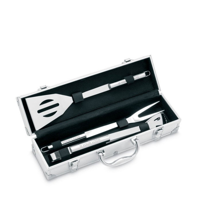 Aluminium koffer met BBQ-accessoires weergave met jouw bedrukking