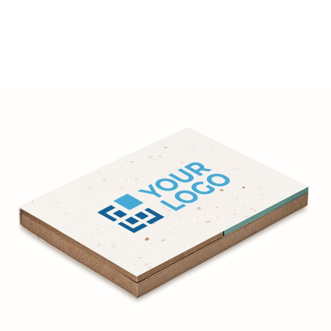 Post-its en bloemzaadjes in blocnote met logo