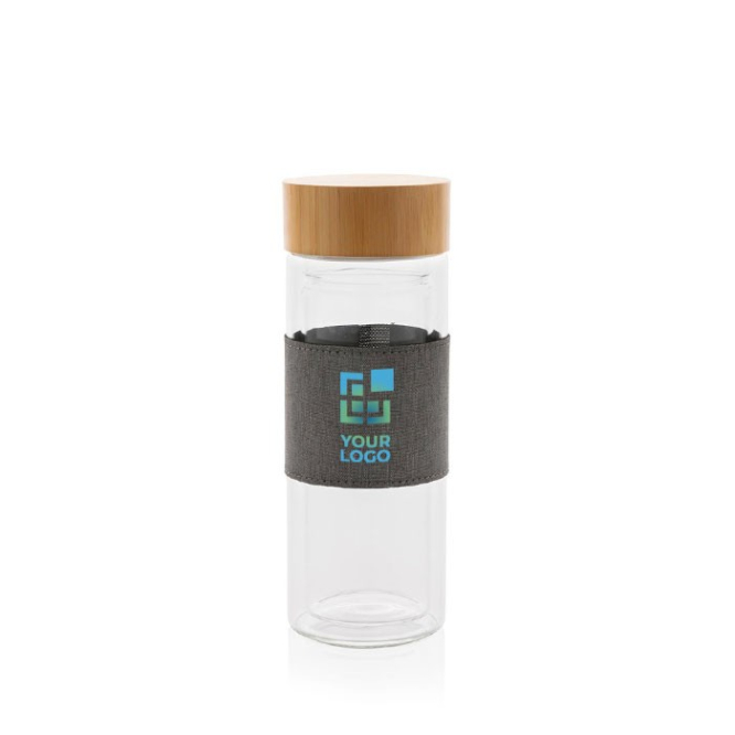 Kleine glazen waterfles met logo en grip