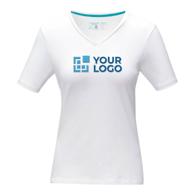 Duurzame damesshirts met V-hals weergave met jouw bedrukking