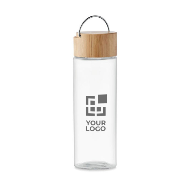 Glazen waterfles met logo en bamboe dop weergave met jouw bedrukking