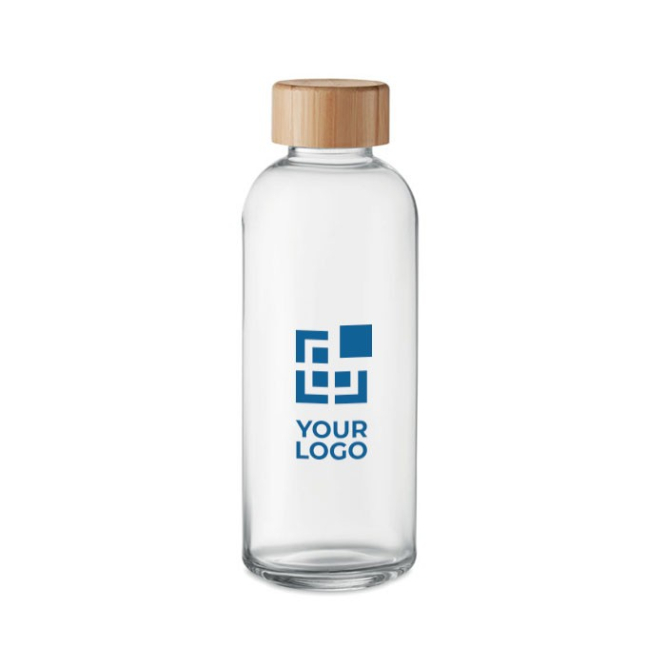 Glazen waterfles met logo en bamboe dop weergave met jouw bedrukking