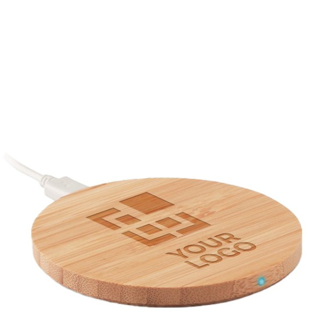 Ronde bamboe draadloze oplader met logo kleur hout