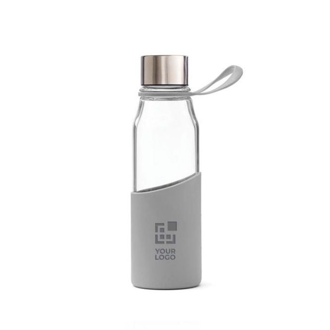 Borosilicaat glazen waterfles met logo en beschermhoes