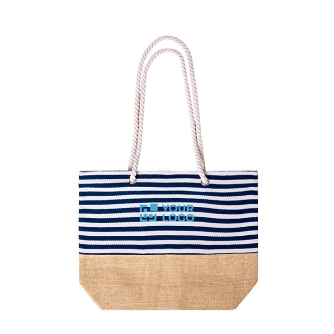 Gestreepte katoenen strandtas met jute basis 450g/m2