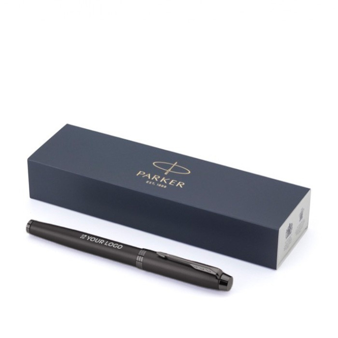 Monochromatische metalen roller met zwarte inkt en etui Parker