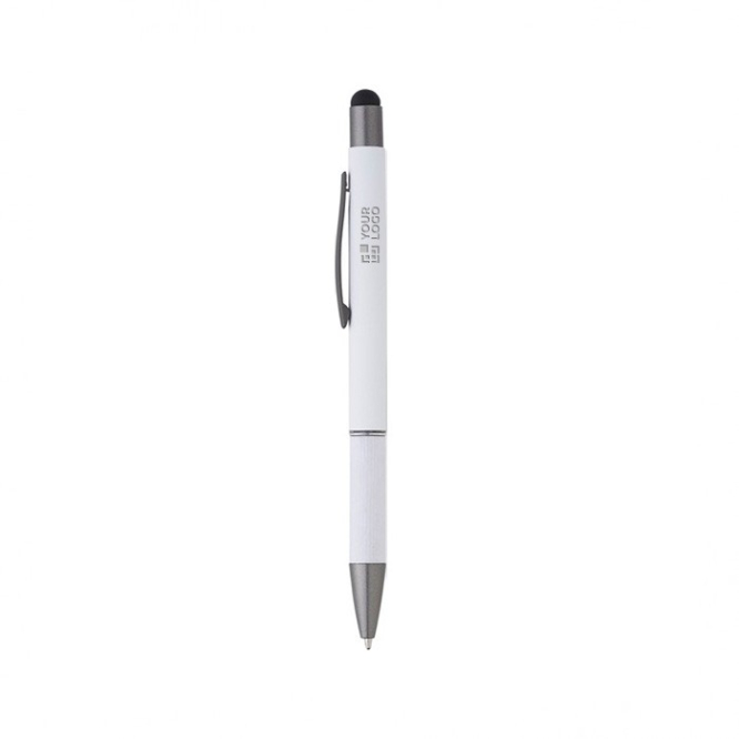 Aluminium pen met opgerold papieren handvat, blauwe inkt