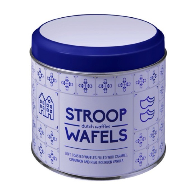 8 Hollandse stroopwafels in blik met logo kleur meerkleurig