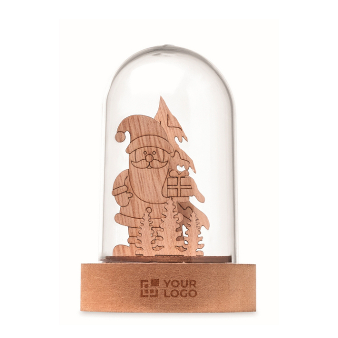 Kerstornament van hout in doorzichtige behuizing met LED-licht