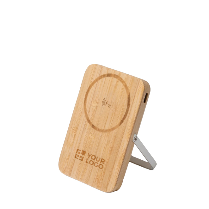 Magnetische draadloze bamboe powerbank met standaard 5.000 mAh