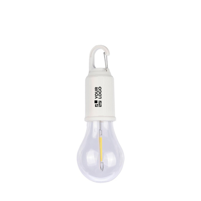 Oplaadbare lamp in de vorm van een gloeilamp met clip voor transport