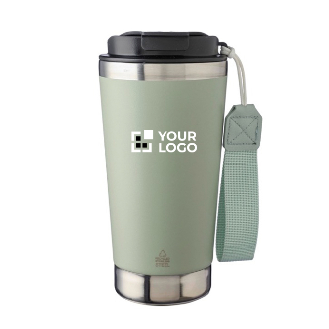 RVS thermosbeker met bijpassende band en zwarte deksel, 500 ml