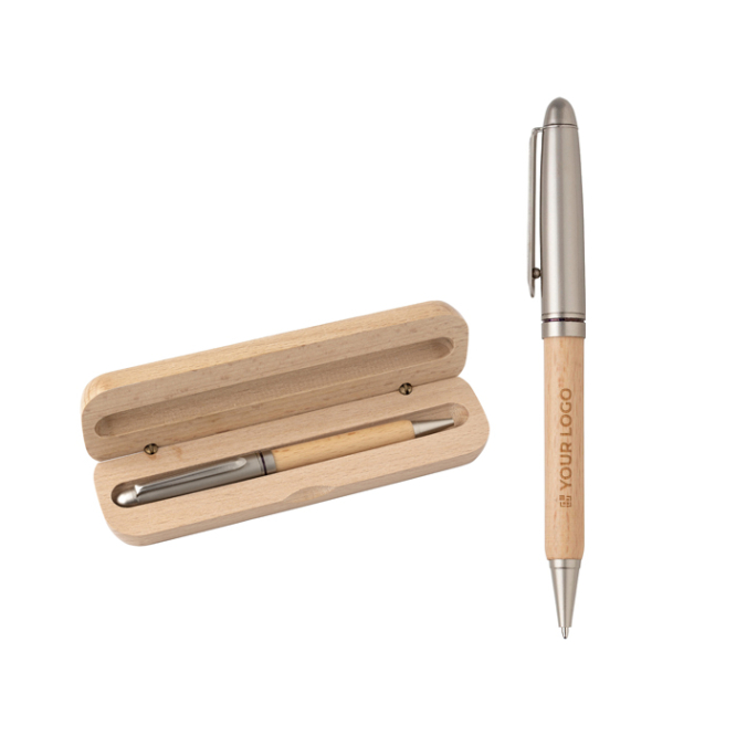 Houten balpen met blauwe inkt en bijpassende etui - Dokumental inkt