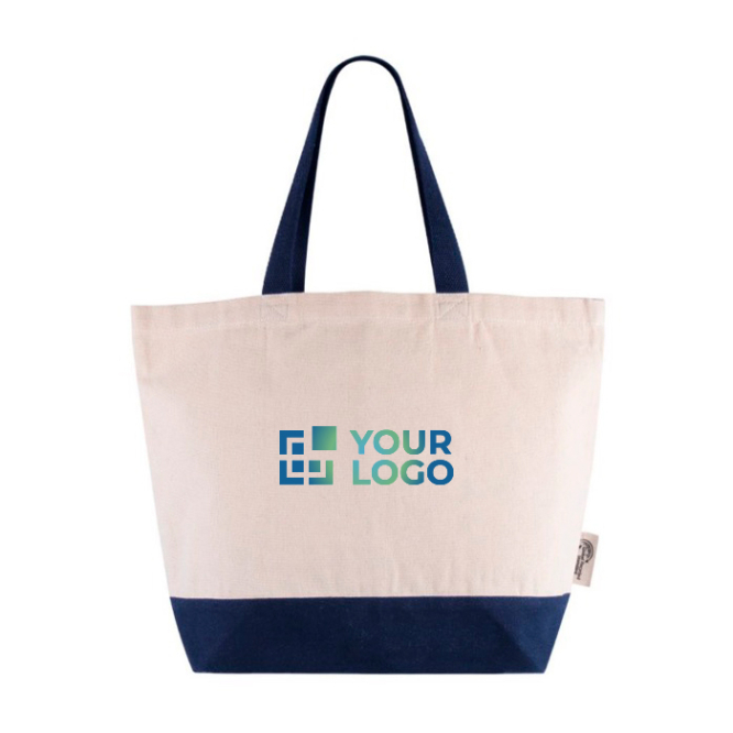 Tas van gerecycled katoen met handgreep en gekleurde bodem 320 g/m²