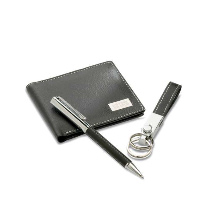 Stijlvolle set met balpen, sleutelhanger en portemonnee kleur zwart