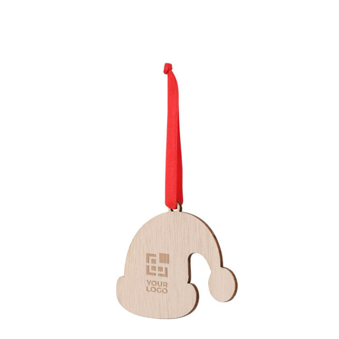 Houten kerstversiering in de vorm van een kerstmuts met rood lint