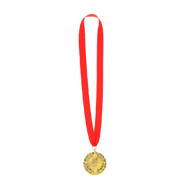 Klassieke winnaarsmedaille met gouden afwerking en rood lint