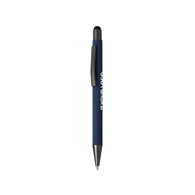 Aluminium gerecyclede drukknop-pen met stylus, blauwe inkt
