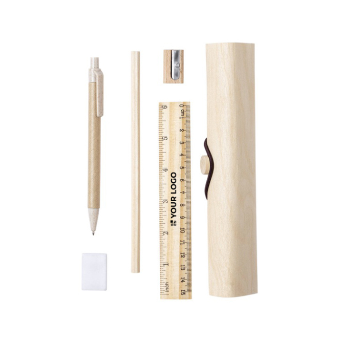 Natuurlijke houten etui met logo (incl. 5 accessoires)