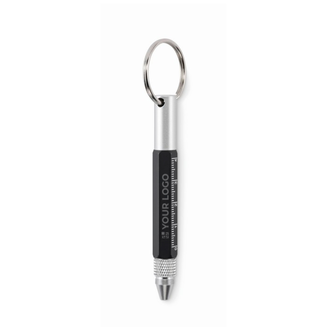 Multifunctionele sleutelhanger met zwarte inktbalpen en gereedschap