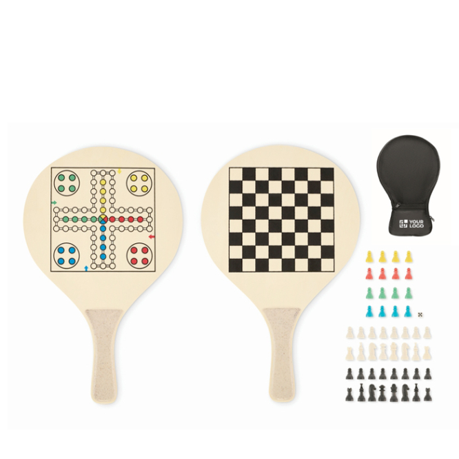 Houten strandrackets met spellen en RPET-mesh tas