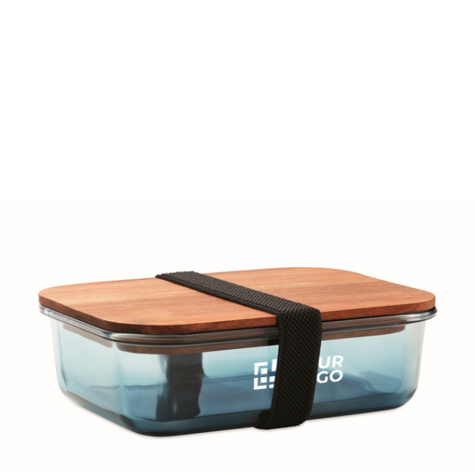Glazen lunchbox met houten deksel en elastische sluitband
