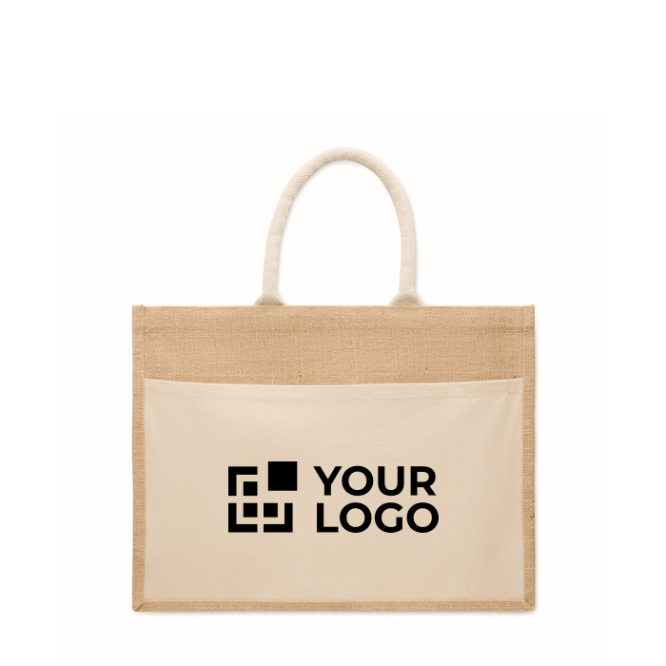 Jute tas met voorvak en koordhengsels 280 g/m²