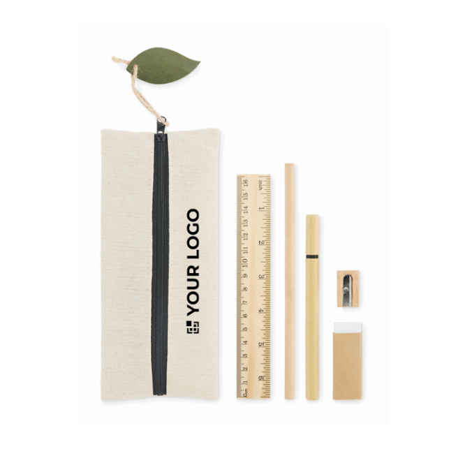 Schrijfset in juten tas met diverse schoolbenodigdheden