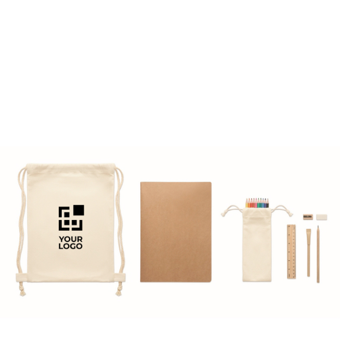 Tekenset voor kinderen met kleuren, potlood, gum, liniaal en puntenslijper in zakje met logo