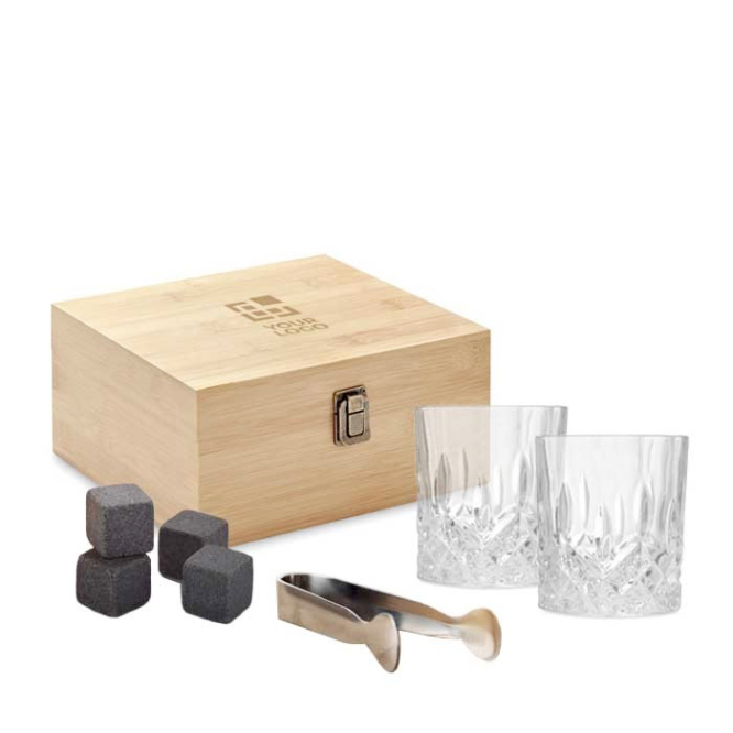 Luxe houten whisky set voor logo met glazen en koelstenen