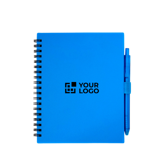 Notitieboek van gerecycled plastic met penhouder en blauwe inktpen