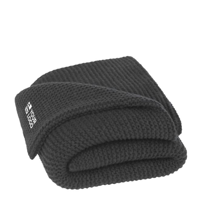 Gebreide deken van gerecycled polyester met label en lint zwart