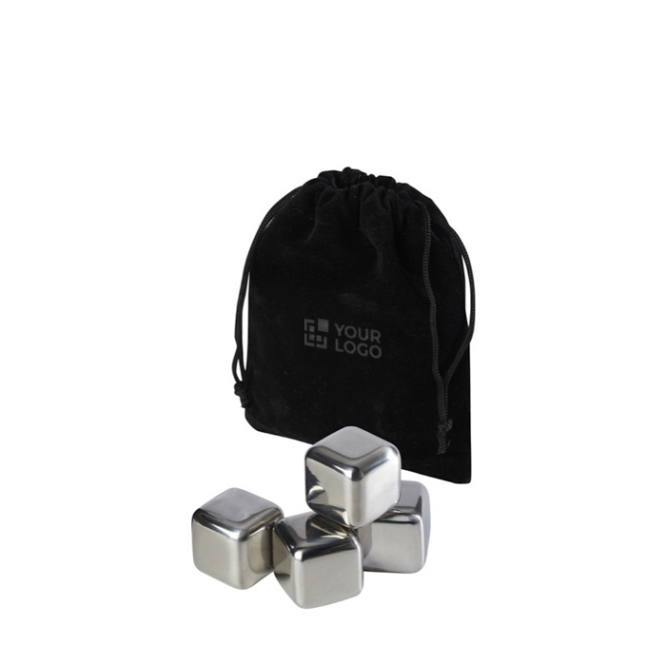 Set van 4 herbruikbare ijsblokjes van roestvrij staal in een zakje met logo