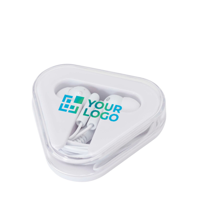 Eenvoudige oordopjes met audioaansluiting en driehoekige etui